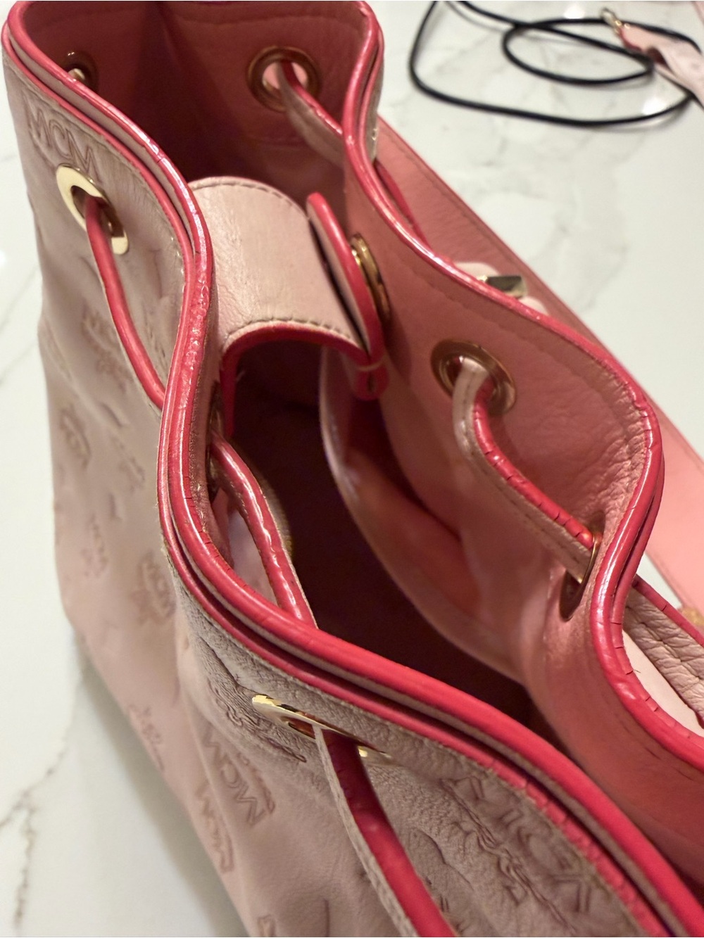 MCM Light Pink Embossed Drawstring Shoulder Bucket Bag - Picture 9 of 11
